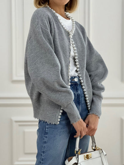 Women Pearl-Trimmed Oversized Knit Cardigan | Eleina