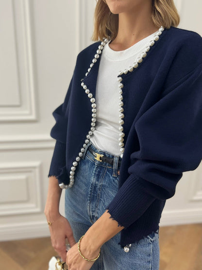 Women Pearl-Trimmed Oversized Knit Cardigan | Eleina