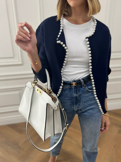 Women Pearl-Trimmed Oversized Knit Cardigan | Eleina