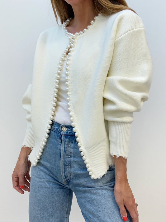 Women Pearl-Trimmed Oversized Knit Cardigan | Eleina