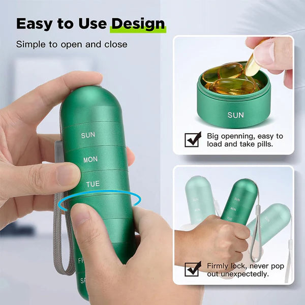 Portable 7-Day Pill Organizer - Waterproof Aluminum Pill Box with Large Capacity for Travel 7