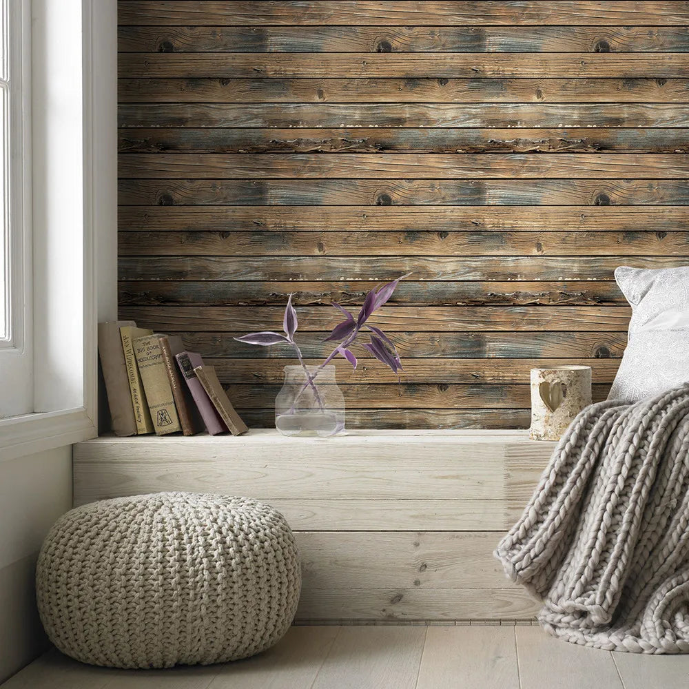 Removable Textured Wallpaper - Retro Faux Wood Grain Peel and Stick Vinyl Wall Covering for Easy Home Renovation 3