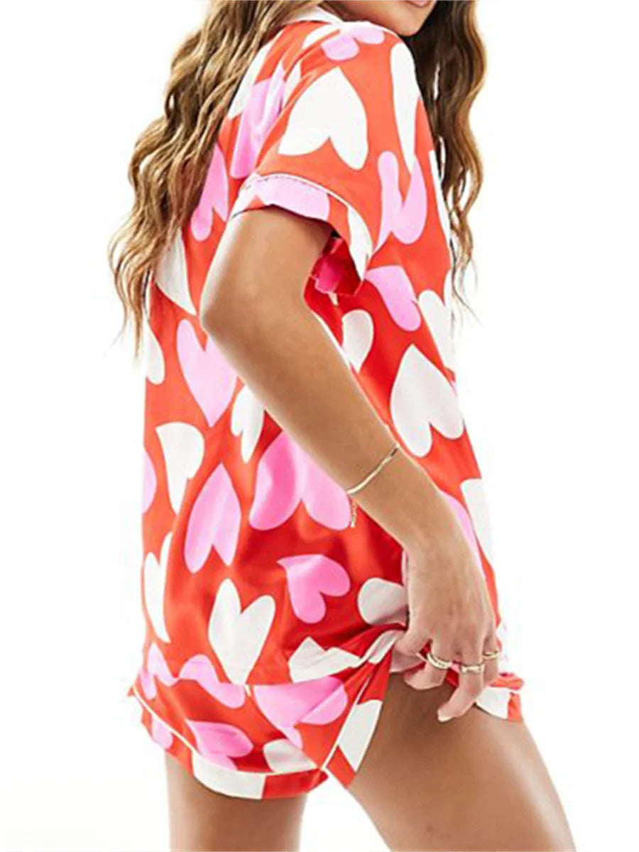 Satin Heart Print Pajama Set | Amabel