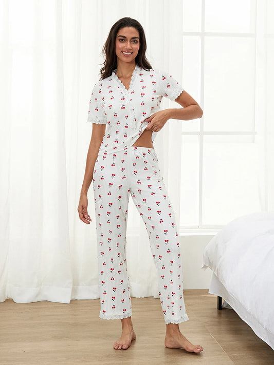 Women Cherry Print Pajama Set | Hann