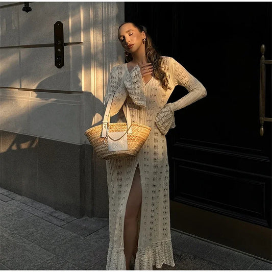 Women Maxi Dress Beige Knitted | Sophia-1