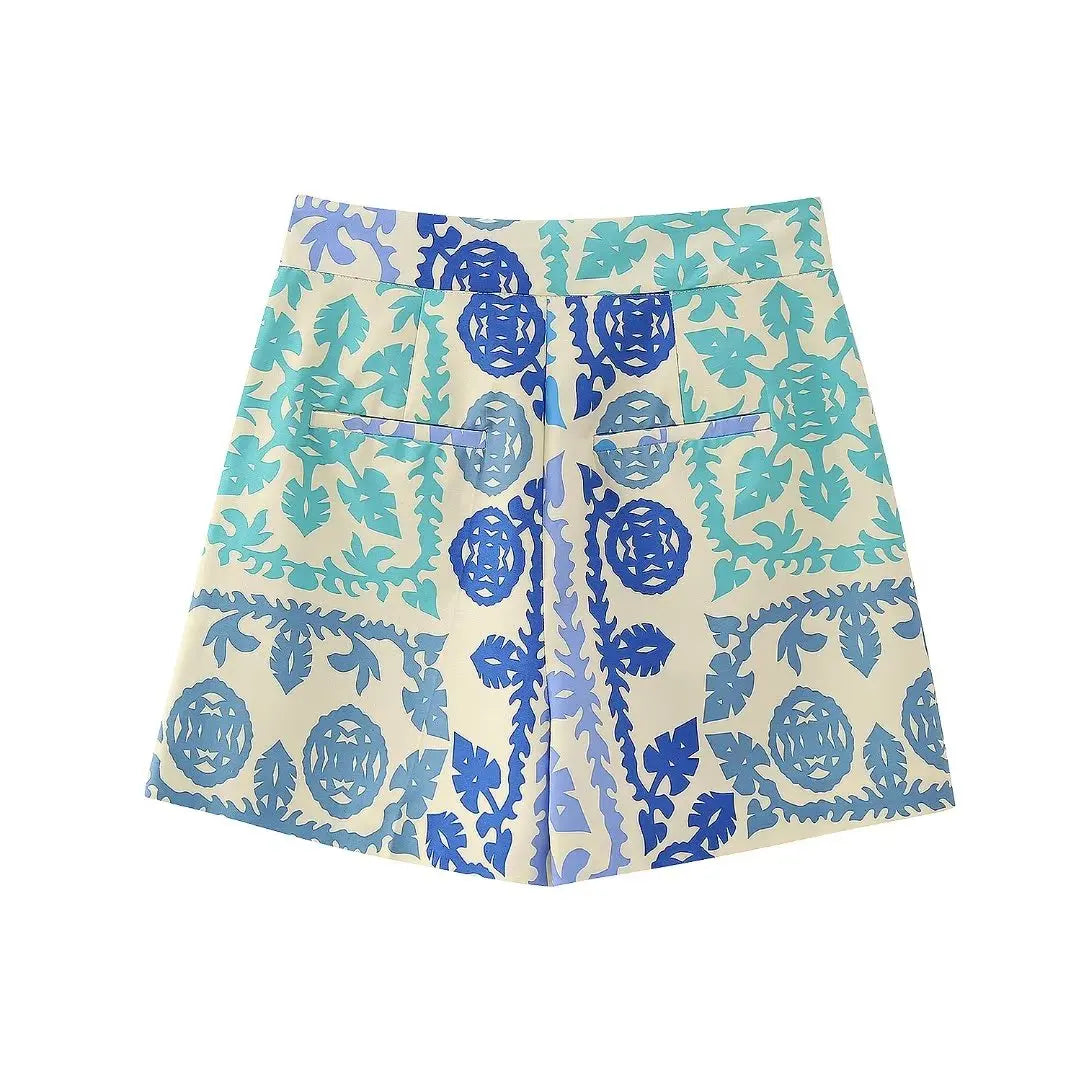 Blue Tile Print High-Waisted Shorts | Bertha