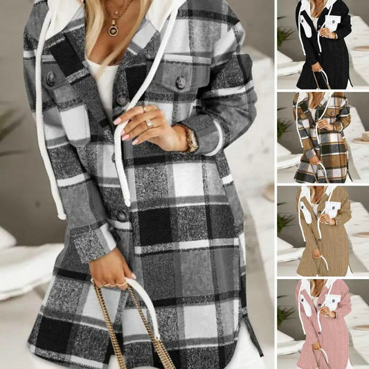 Women Plaid Button Shacket with Hood | Kaelani