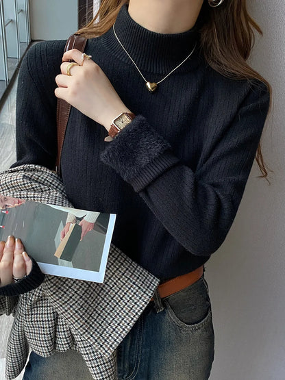 High-Neck Ribbed Sweater with Fur Trim | Edithmae
