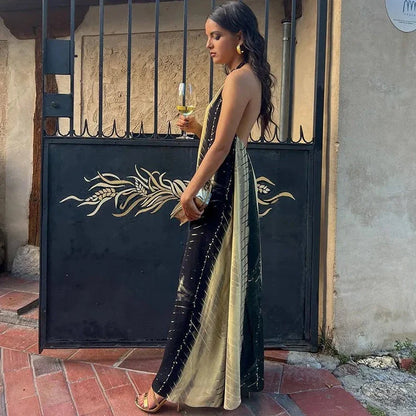 Women Flowy Ombre Print Open Back Halter Maxi Dress | Elisa
