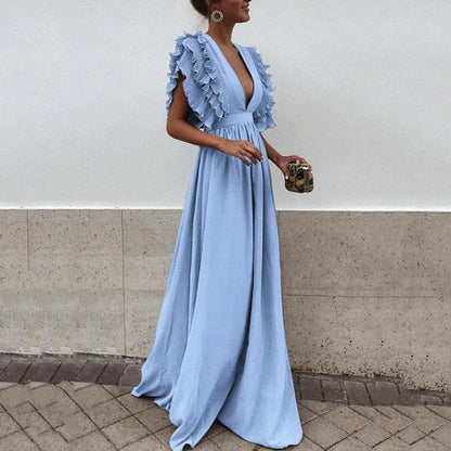 Ruffle-Sleeve Deep V-Neck Empire Maxi Dress | Celestine