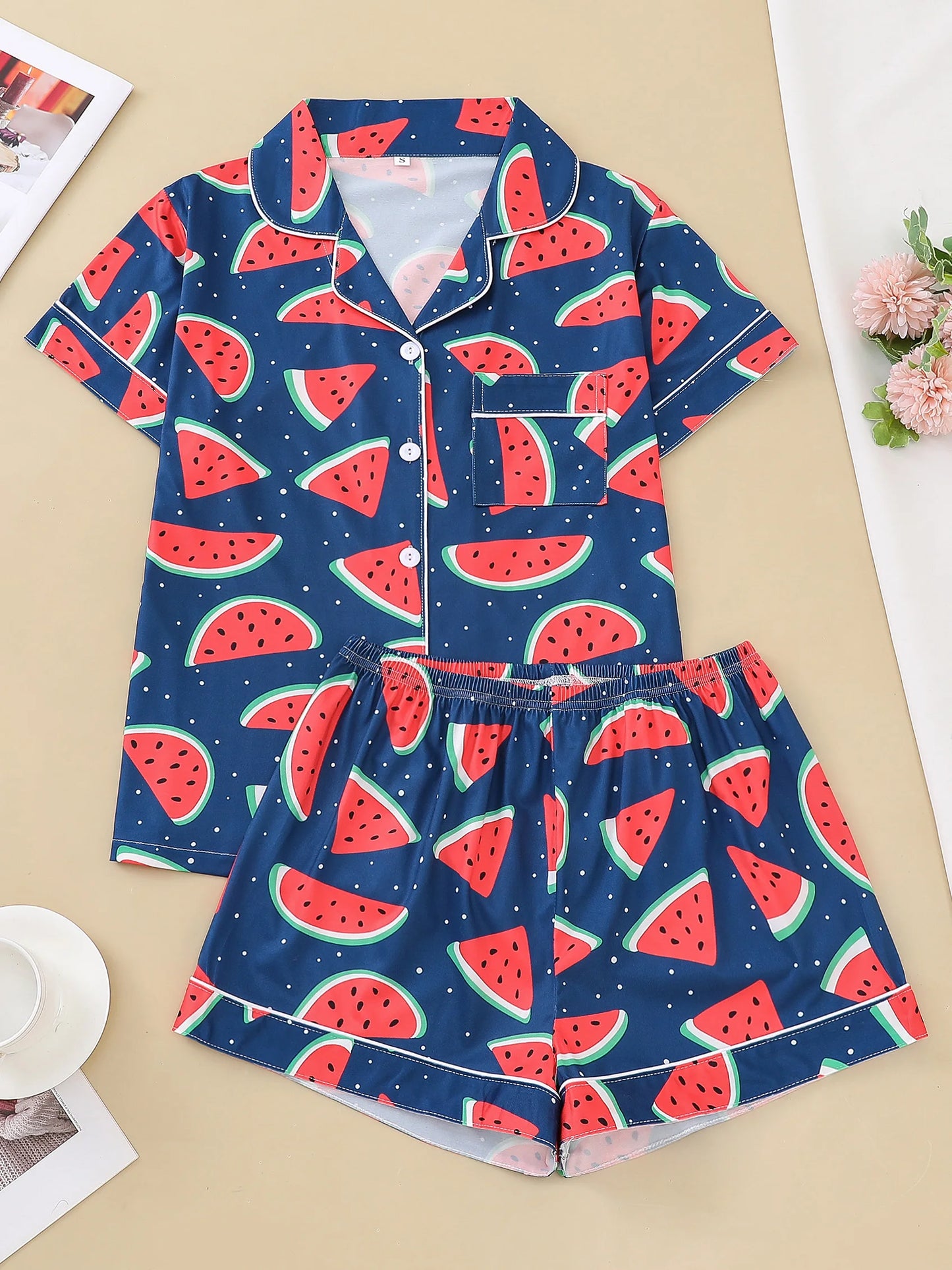 Watermelon Print Short Sleeve Pajama Set | Annetta