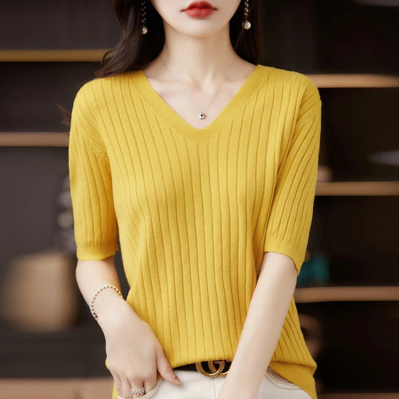 V-Neck Ribbed Knit Top | Cressida