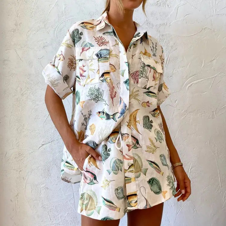 Tropical Embroidered Shirt & Shorts Set | Alysia