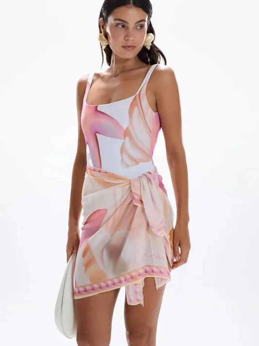 Elegant Floral One-Piece Swimsuit with Sarong | Adelia