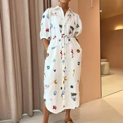 Embroidered Button-Down Shirt Dress | Isla