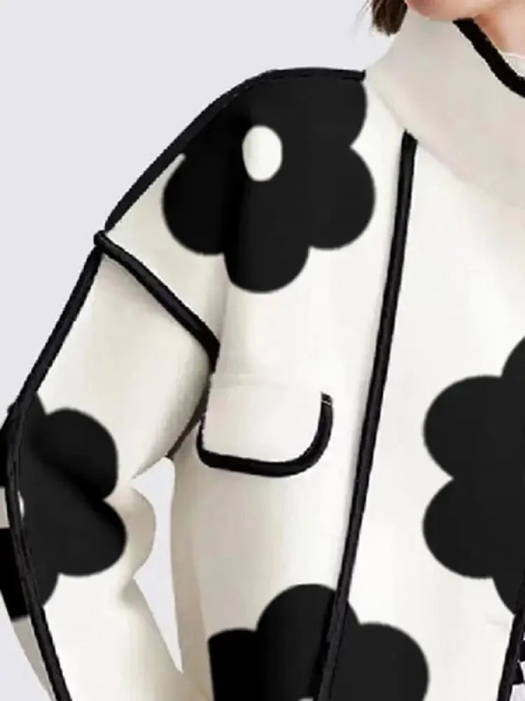 Women Woollen Jacket Black White Polyester | Elegant Blossom-3