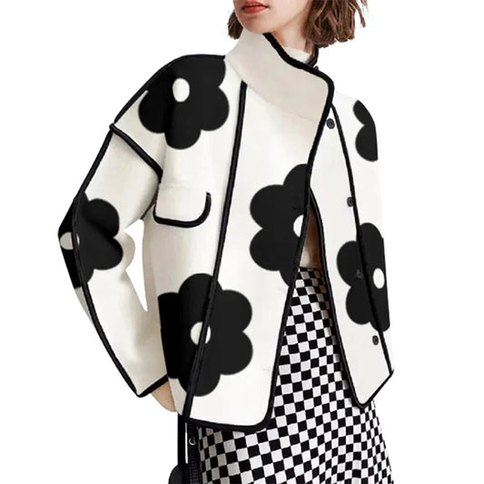Women Woollen Jacket Black White Polyester | Elegant Blossom-1