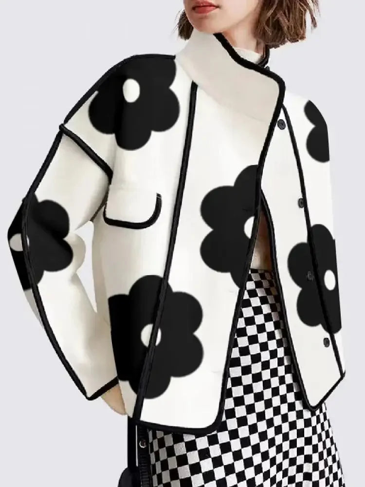 Women Woollen Jacket Black White Polyester | Elegant Blossom-2