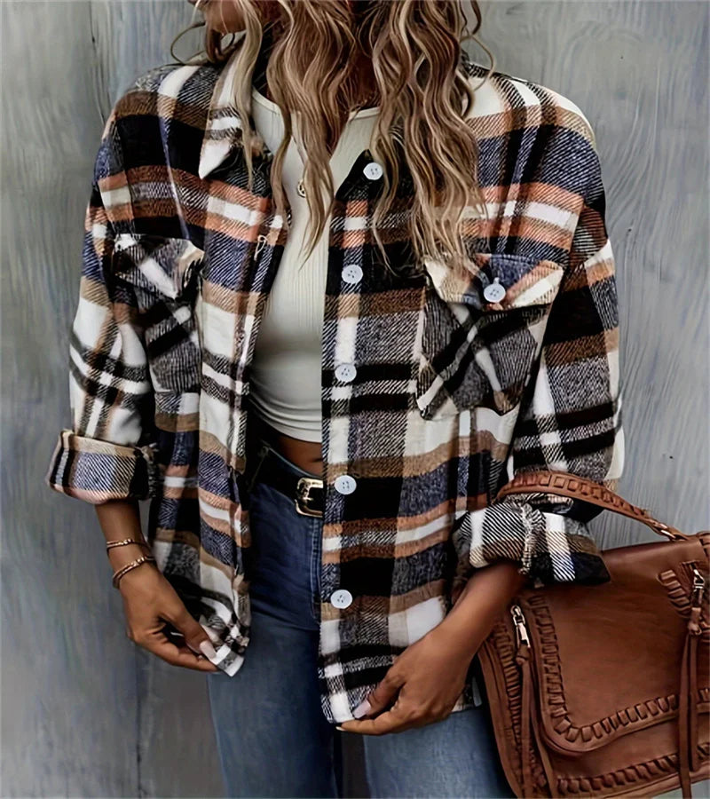 Women Plaid Button-Up Shirt Jacket | Emika