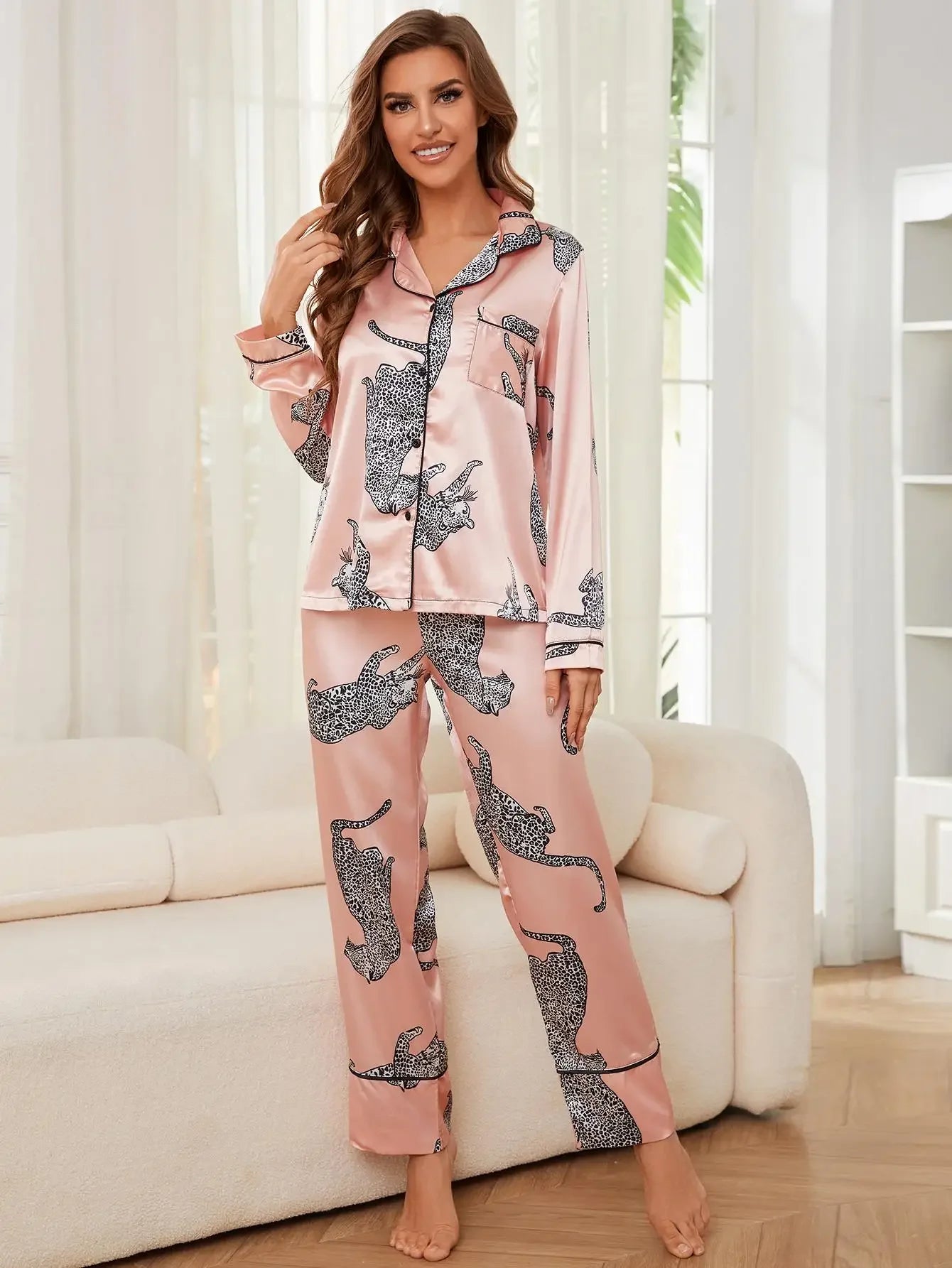 Leopard Print Satin Pajama Set | Dossie