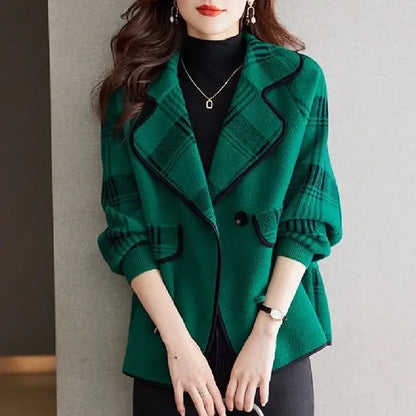 Women Oversized Blazer Green Plaid Wool Blend | Elegant Chic-2