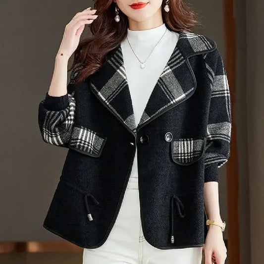 Women Oversized Blazer Green Plaid Wool Blend | Elegant Chic-1