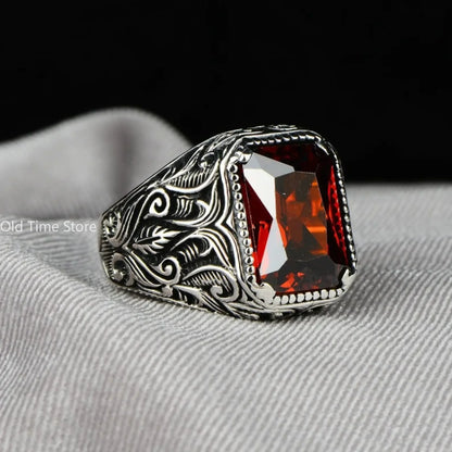 Men Red Gem Vintage Band Ring | Veyric