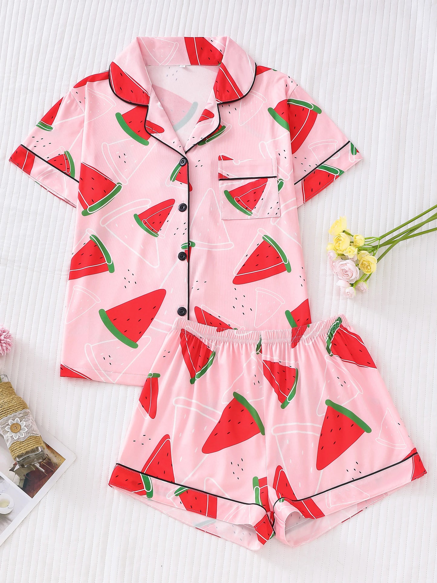 Watermelon Print Short Sleeve Pajama Set | Annetta