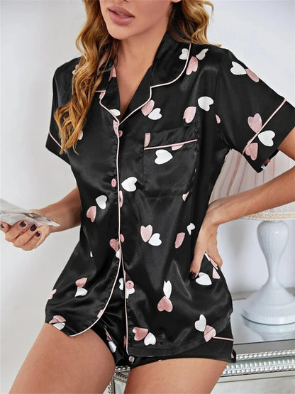 Satin Heart Print Pajama Set | Amabel