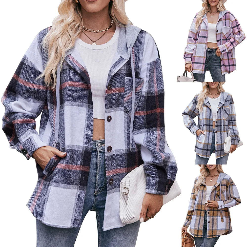 Women Pastel Plaid Hooded Shacket | Fionella