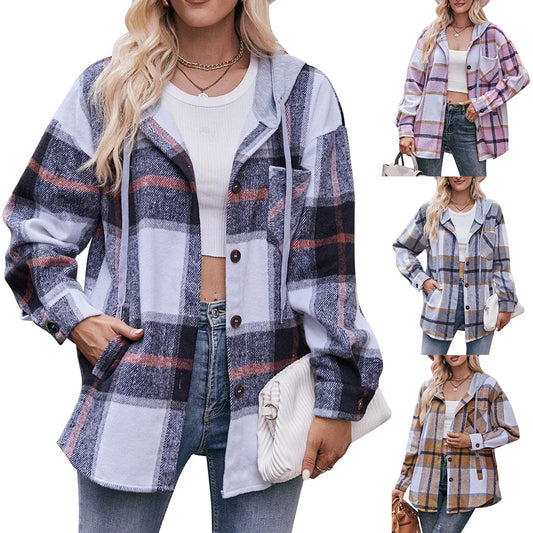 Women Pastel Plaid Hooded Shacket | Fionella