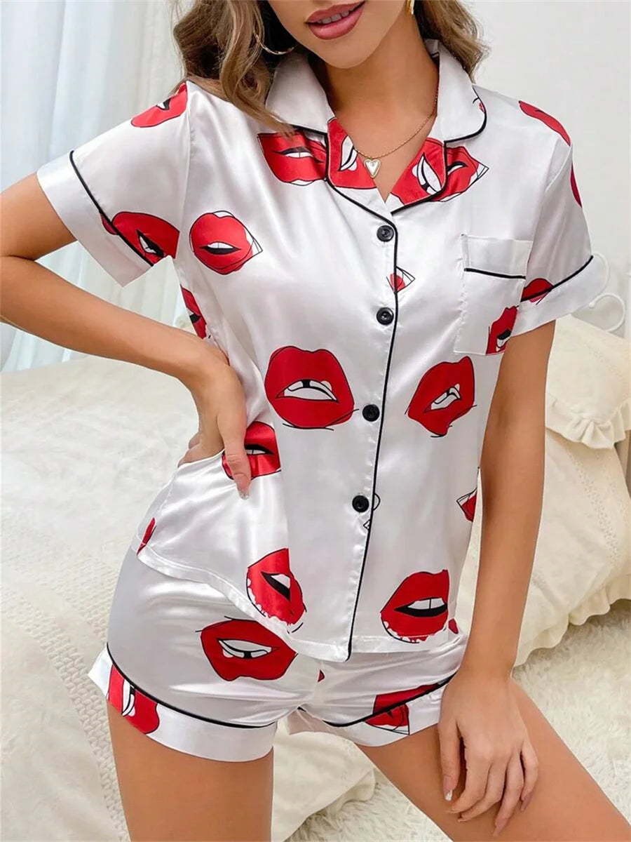 Satin Heart Print Pajama Set | Amabel