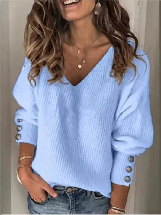 V-Neck Button Sleeve Knit Sweater | Claudine