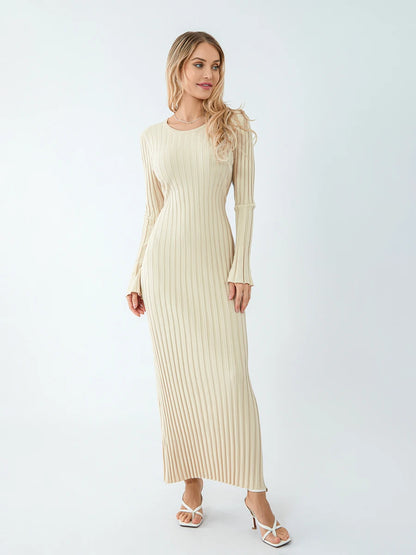 Women Long Sleeve Dress Solid Knit | Elegant-5