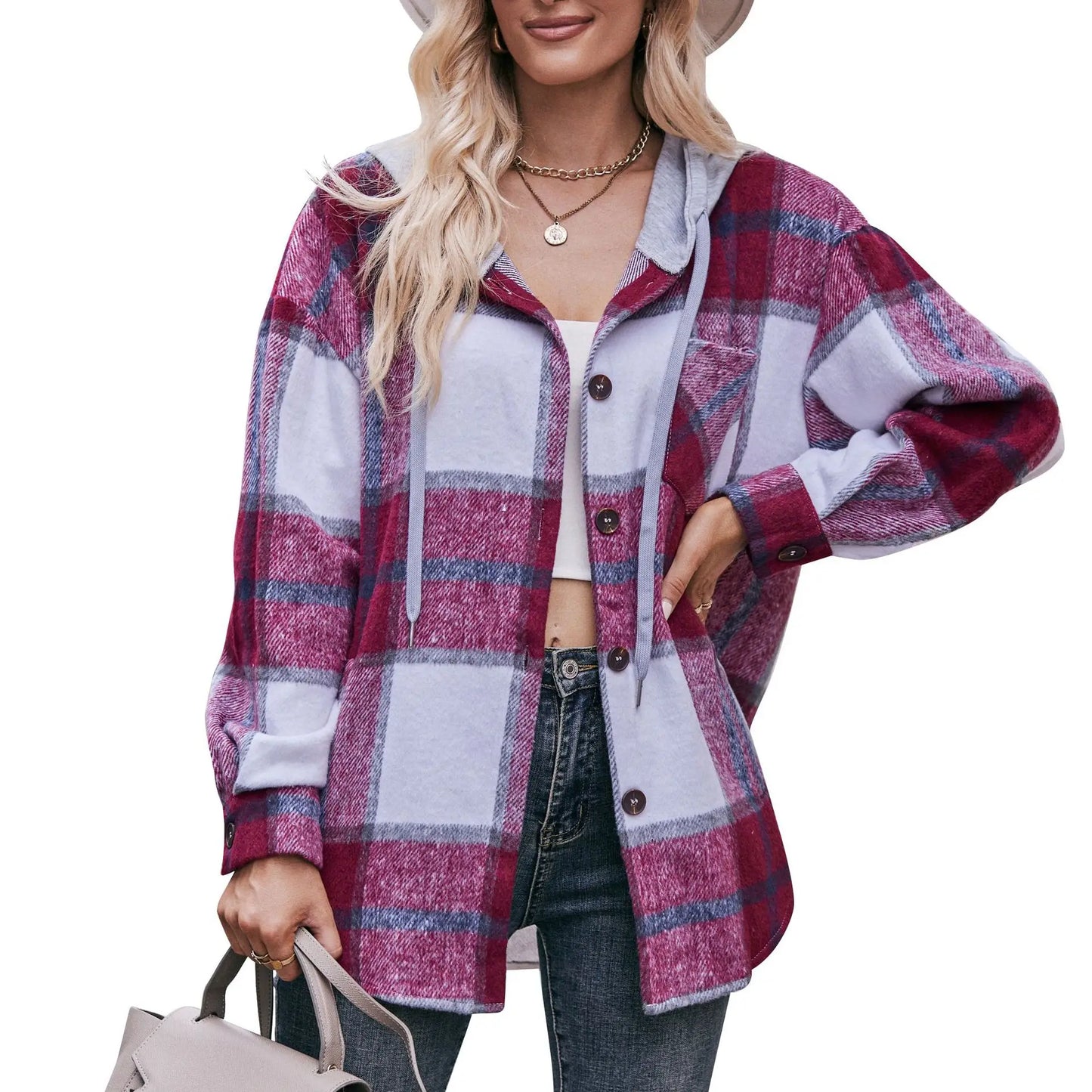 Women Pastel Plaid Hooded Shacket | Fionella