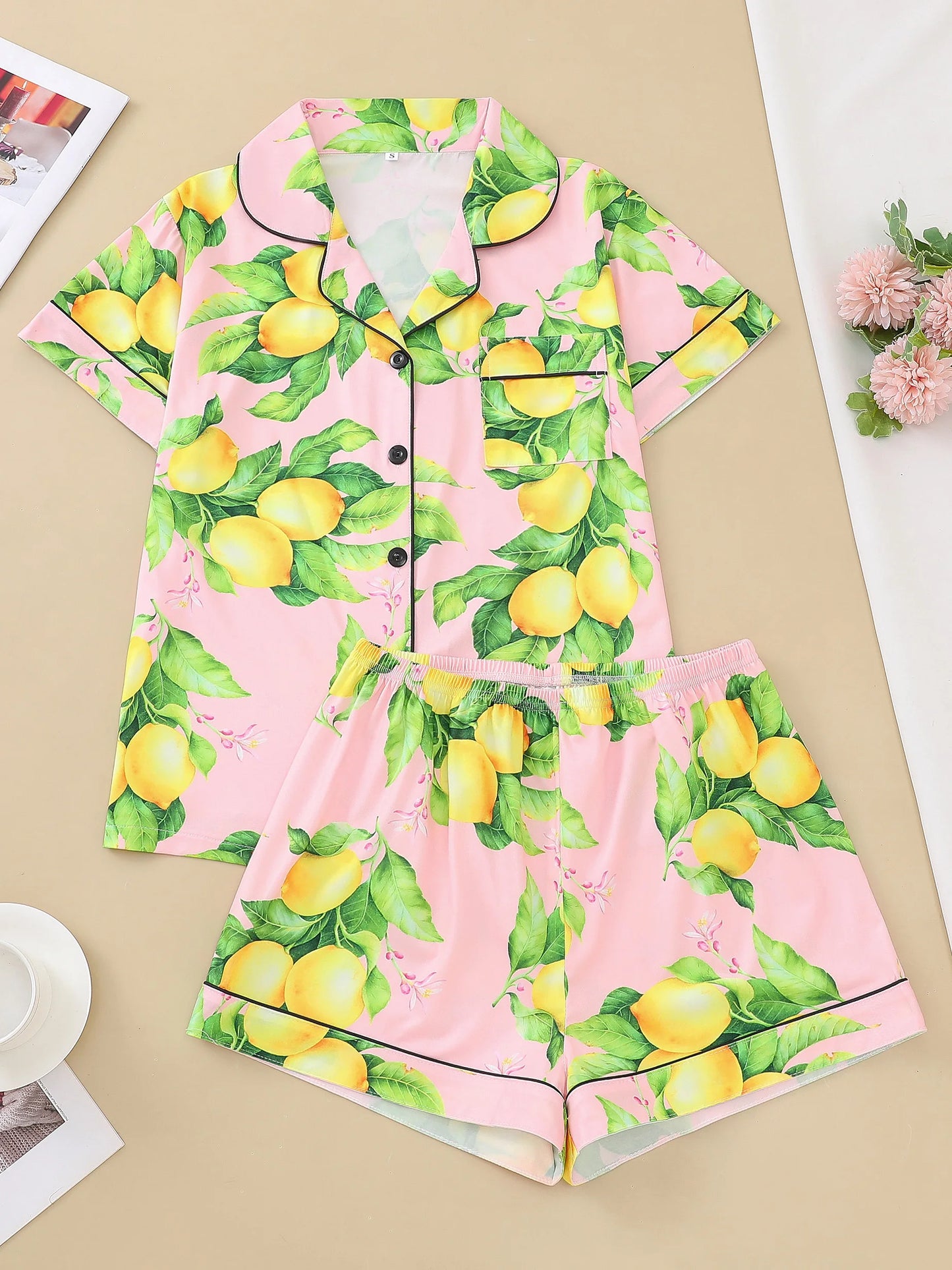 Lemon Print Short Sleeve Pajama Set | Almeda