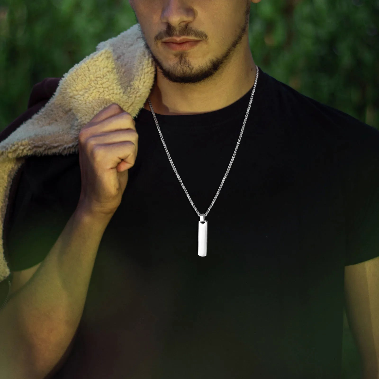 Men's Necklace Silver Stainless Steel | Classic Initial Bar Pendant-3