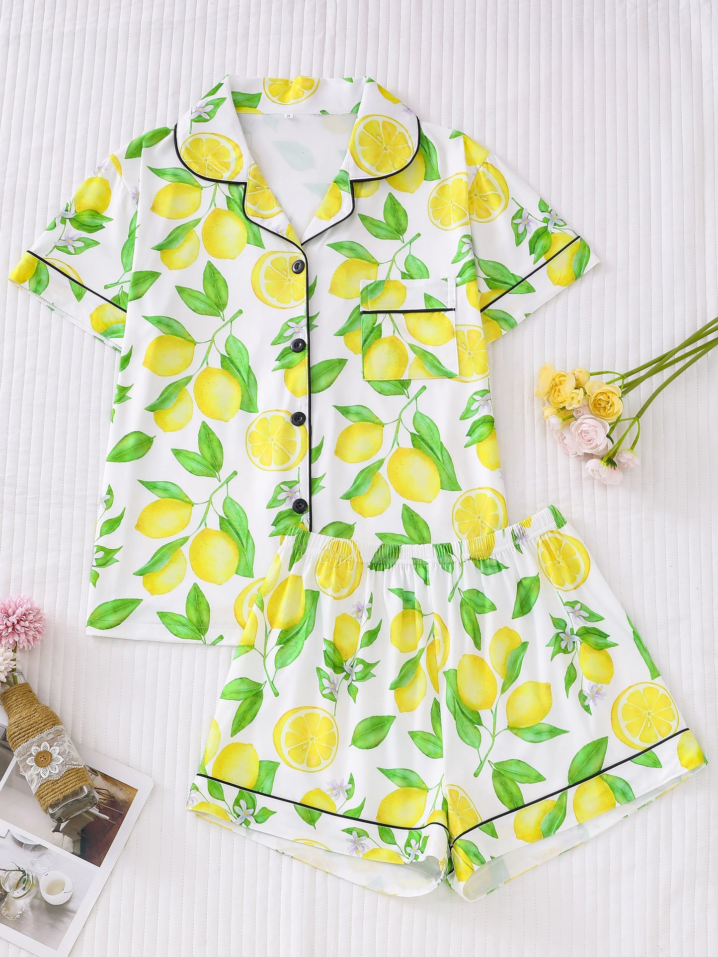 Lemon Print Short Sleeve Pajama Set | Almeda