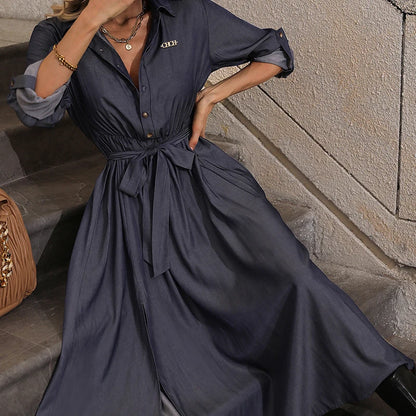 Women Elegant Belted Shirt Dress | Celeste