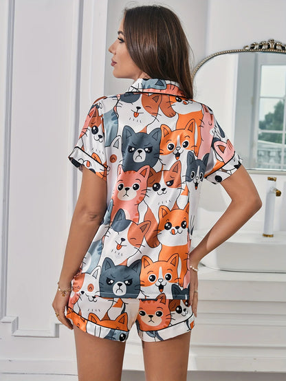 Printed Cartoon Cat Pajama Set | Christabelle