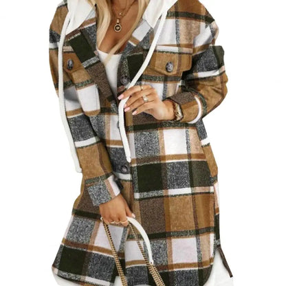 Women Plaid Button Shacket with Hood | Kaelani