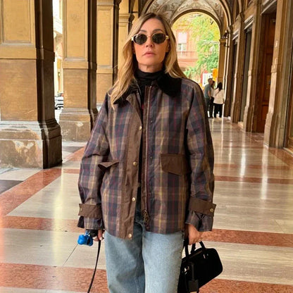 Variant image for Women Plaid Coat Casual Lapel Full Sleeve | Autumn Chic-1
