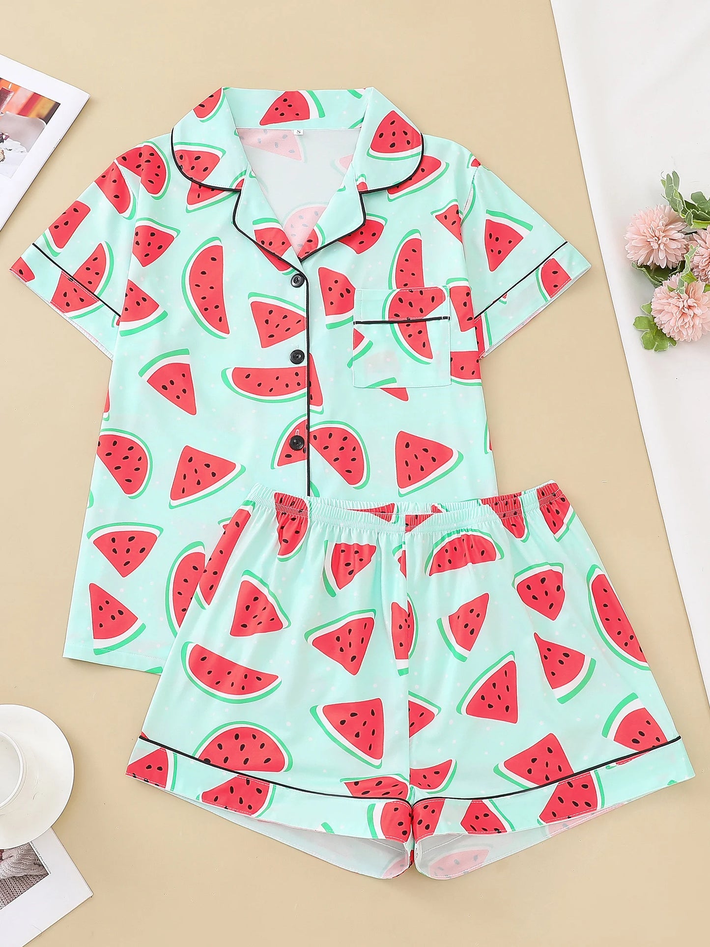 Watermelon Print Short Sleeve Pajama Set | Annetta