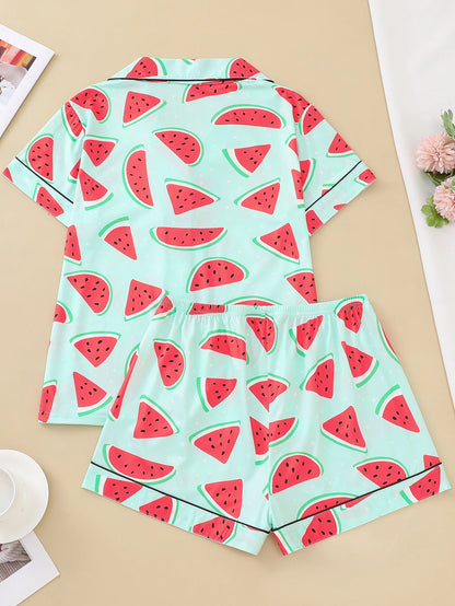 Watermelon Print Short Sleeve Pajama Set | Annetta