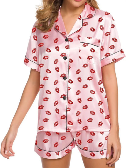 Satin Heart Print Pajama Set | Amabel