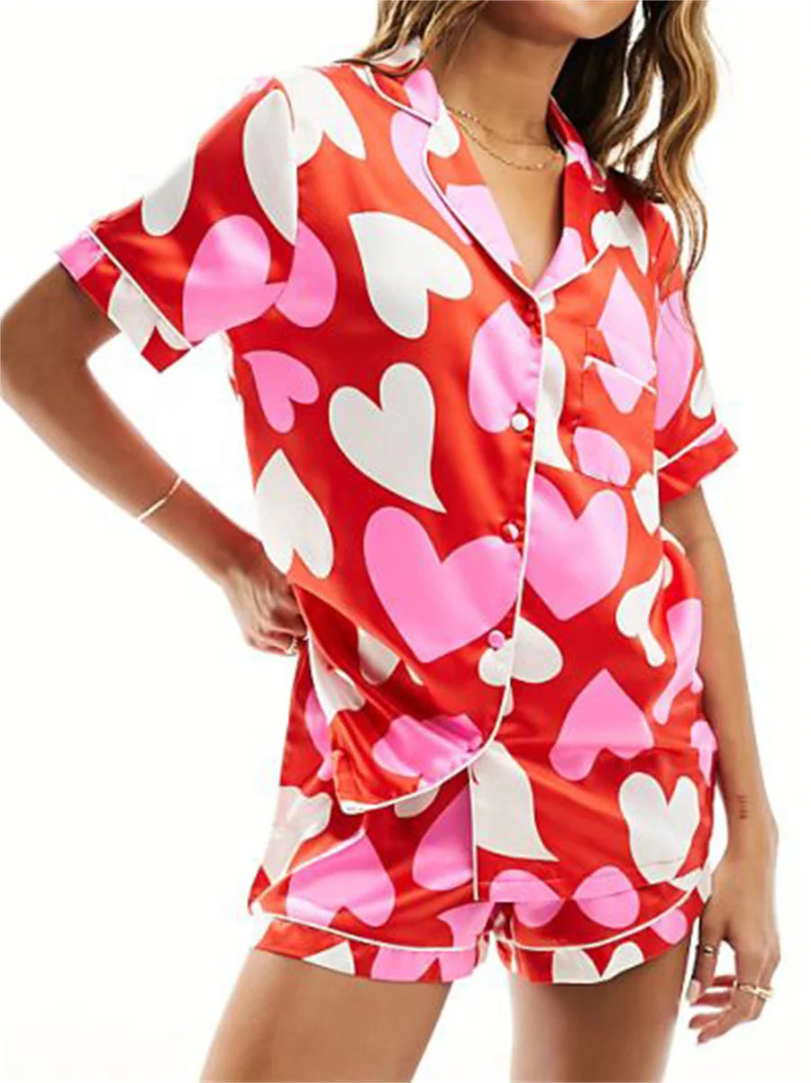 Satin Heart Print Pajama Set | Amabel