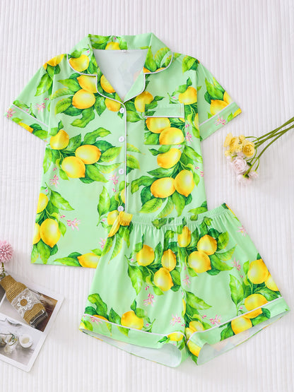 Lemon Print Short Sleeve Pajama Set | Almeda