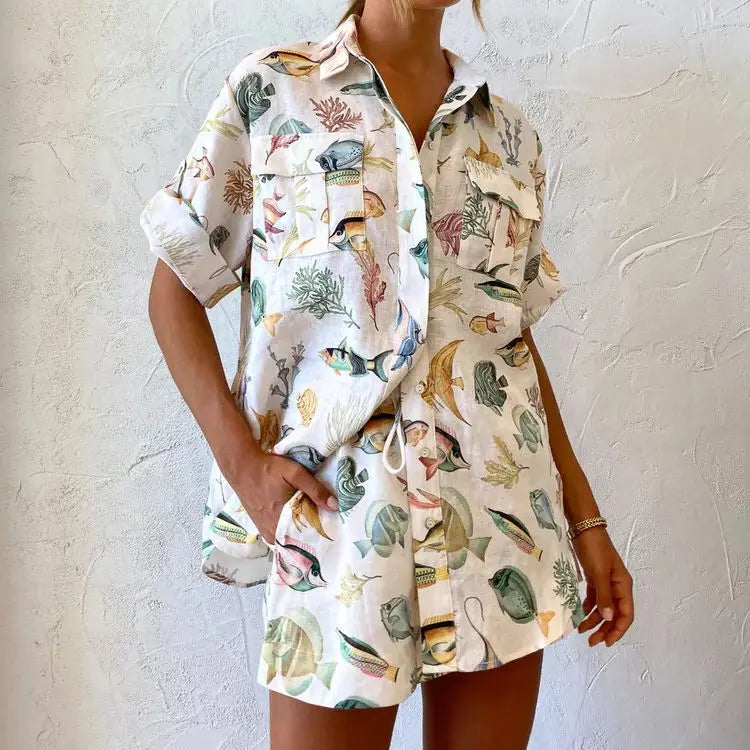 Tropical Embroidered Shirt & Shorts Set | Alysia