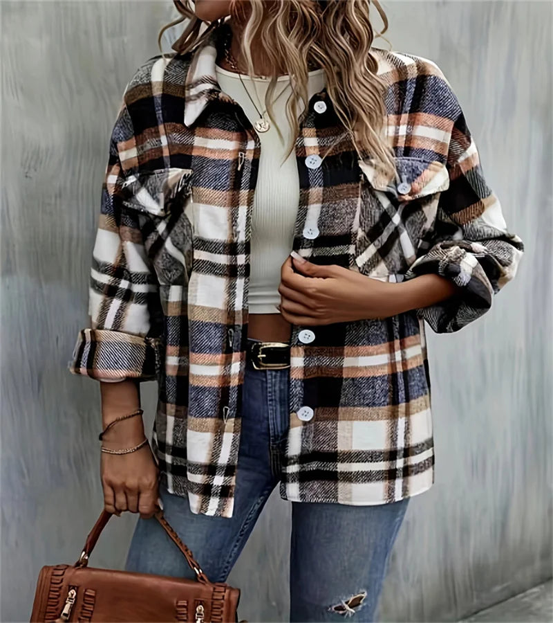 Women Plaid Button-Up Shirt Jacket | Emika