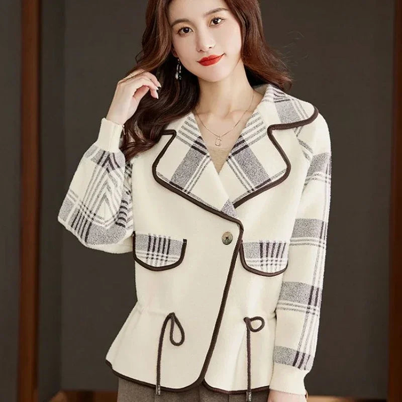 Women Oversized Blazer Green Plaid Wool Blend | Elegant Chic-4